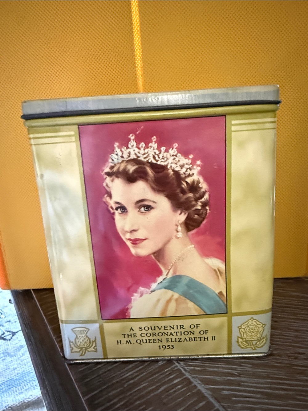 Vintage Queen Elizabeth II Coronation Tin - Pink & Gold Portrait